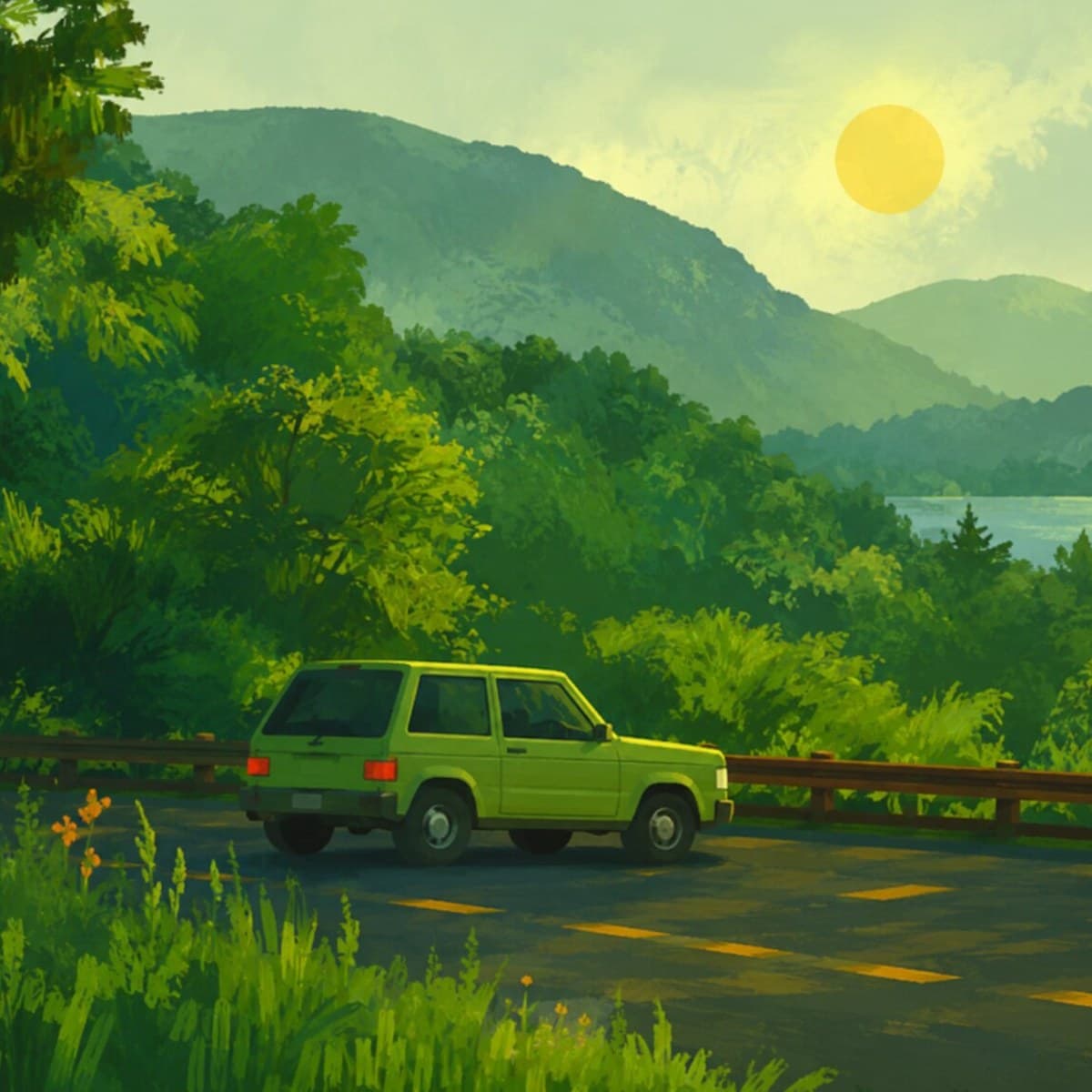 Painterly illustration of a small green car driving a sunlit mountain road