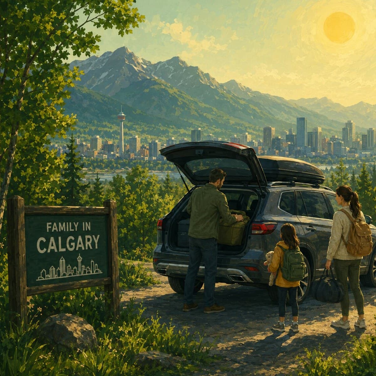 Painterly illustration of a Houston family packing an SUV with the city skyline behind