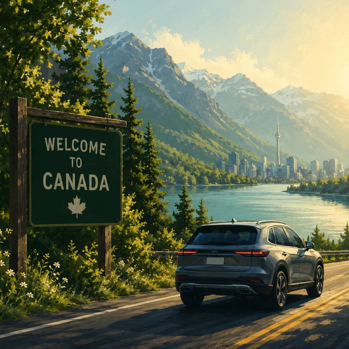 Painterly illustration of an SUV passing a Welcome to Texas sign with mountains and a city skyline